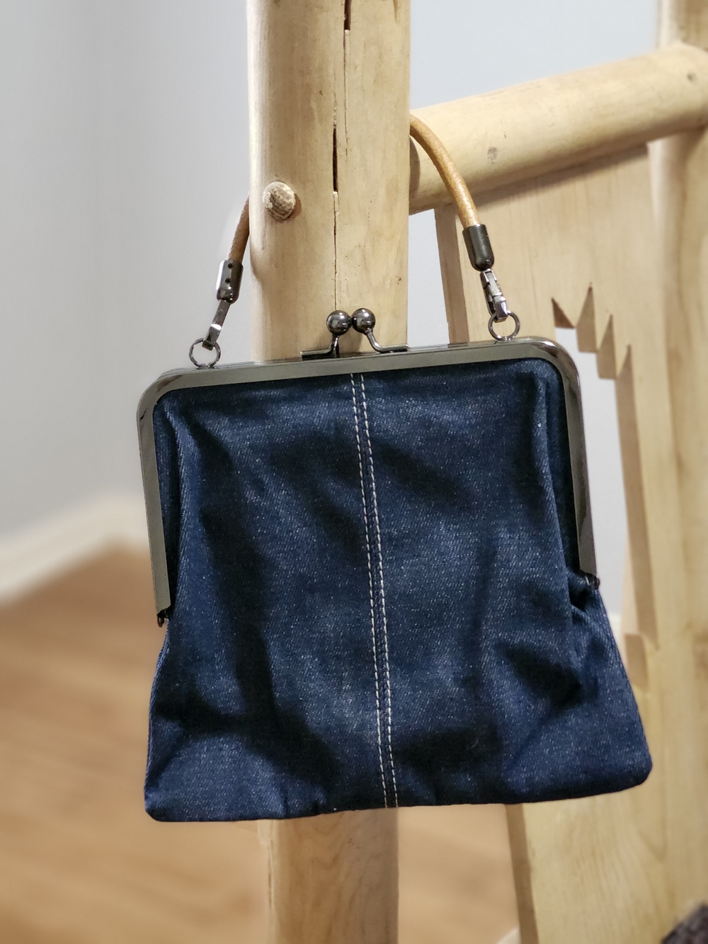 Denim Kiss-Lock Handbag - Navy Blue